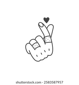 Finger Heart Gesture with Medical Plaster. Healthcare and protection symbol. Hand showing love. Band aid and adhesive bandage sign. Outline vector illustration