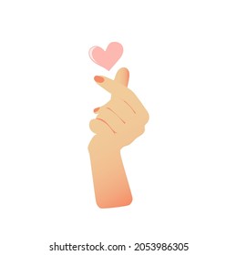 Finger heart. Finger heart gestures are a popular trend in South Korea. The thumb and forefinger of one hand are crossed in the shape of a heart, and a heart is depicted at the top. Vector.