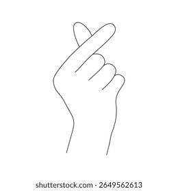 Finger Heart Hand Gesture Line Art. Uma ilustração de arte de linha limpa e minimalista de uma mão realizando o gesto de dedo do coração, onde o polegar e o dedo indicador são cruzados para formar uma pequena forma de coração