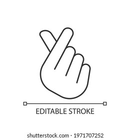 Finger heart linear icon. Gesturing hand for flirting and friendship. Romantic signature. Thin line customizable illustration. Contour symbol. Vector isolated outline drawing. Editable stroke