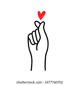 FINGER HEART sign. Korean love symbol. Happy Valentines Day. I love you hand korean heart gesture. Vector illustration self love concept. Hand drawn design for print cards, banner, poster