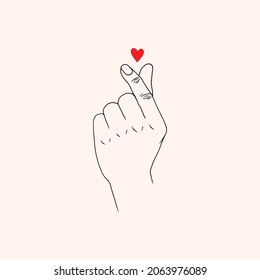 Finger Heart Sign, Korean Popular Gesture, Hand Drawn Ilustration