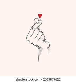 Finger Heart Sign, Korean Popular Gesture, Hand Drawn Illustration