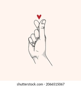 Finger Heart Sign, Korean Popular Gesture, Hand Drawn Illustration