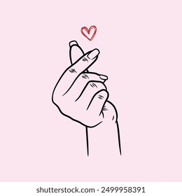 Finger Heart Sign, Korean Popular Gesture, Hand Drawn Ilustration.
