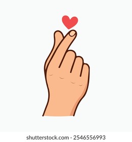 The finger heart symbol, a popular Korean gesture of affection, depicted as an icon. It's a hand gesture that forms a heart shape and is often used to express love and appreciation.