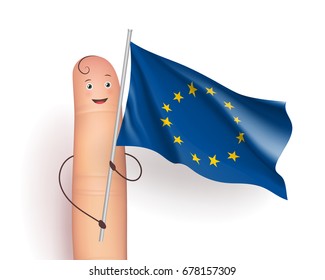 Finger holding EU waving flag. Political and social life concept. Support and government agreement. Realistic vector illustration on white background