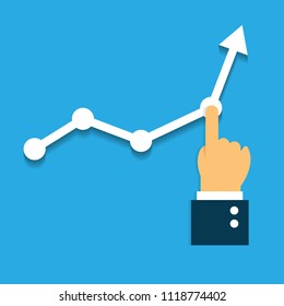 Finger up holding white chart arrow. Growing business graph. Profit growing concept. business Vector flat cartoon design illustration. isolated on blue background