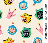 Finger Horns gesture, Bomb with Cigarette, roaring Tiger, Green Leopard. Hand drawn trendy Vector illustrations. Comic, cartoon quirky style. Trendy design. Bright colors. Bizarre seamless pattern