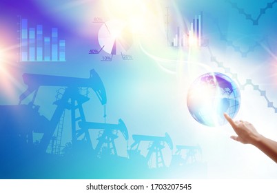 Finger of human hand pointing to planet earth. Epidemic blue science background with Oil pumps and derricks over infographic background. Vector illustration.