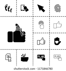 Finger icon. collection of 13 finger filled and outline icons such as pointer, heart on hand, pointing on document, thumbs up. editable finger icons for web and mobile.