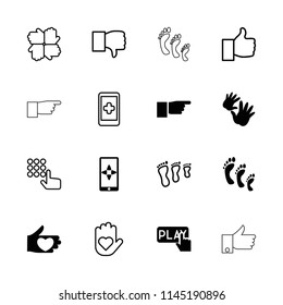 Finger icon. collection of 16 finger filled and outline icons such as dislike, hand on smartphone, heart on hand, family footprint. editable finger icons for web and mobile.