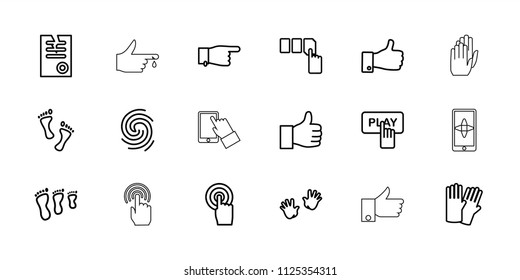 Finger icon. collection of 18 finger outline icons such as baby hands, glove, push button, pointing, paper, family footprint. editable finger icons for web and mobile.