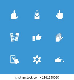 Finger icon. collection of 9 finger filled icons such as nail, touchscreen, gloves, paper, hands. editable finger icons for web and mobile.