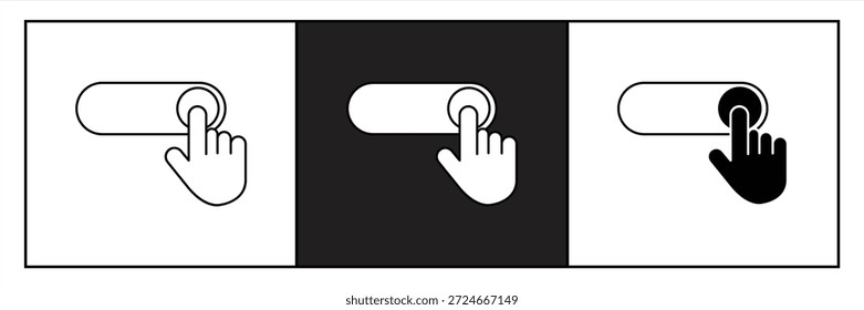 Fingersymbol auf einem Schalter. Ziehen Sie einen Schieberegler mit der Hand. Schaltflächen Ein und Aus. Vektor 10 EPS.