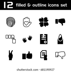 Finger icon. set of 12 finger filled and outline icons such as baby hands, nail, pointing on document, paper, dislike, peace, push button, fingerprint, like, hands