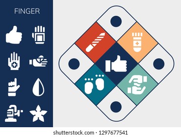  finger icon set. 13 filled finger icons. Simple modern icons about  - Thumb up, Polisher, Starfish, Hand, Negative, Bandaged finger, Like, Glove, Blood test, Nail file, Feet
