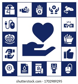 finger icon set. 17 filled finger icons. Included Gloves, Mouse, Nice, Hand, Hands, Fist, Football gloves, Thumbs up, Positive, Bandaged finger, Blood test, Fingerprint icons