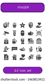 finger icon set. 25 filled finger icons.  Simple modern icons about  - Mouse, Gauntlet, Starfish, Fingerprint, Donation, Blood test, Hand, Screens, Polisher, Bravo, Bandaged finger