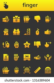 finger icon set. 26 filled finger icons.  Collection Of - Hand, Touch, Donation, Gloves, Dislike, Hands, Mouse, Starfish, Swipe right, Blood test, Touch screen, Bandaged finger