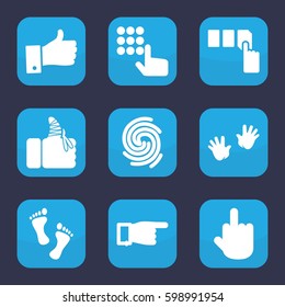 finger icon. Set of 9 filled finger icons such as baby hands, push button, pointing, thumb up, foot