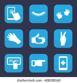 Finger icon. set of 9 filled finger icons such as baby hands, eyelash, gloves, Finger pressing play button, pointing, hand with heart, touchscreen, peace