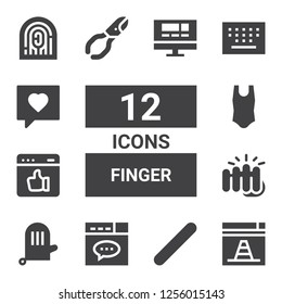 finger icon set. Collection of 12 filled finger icons included Website, Nail file, Glove, Fist, Like, Body, Nail clippers, Keypad, Fingerprint