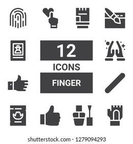 finger icon set. Collection of 12 filled finger icons included Gloves, Nail polish, Like, Wanted, Nail file, Namaste, Website, Fingerprint, Glove