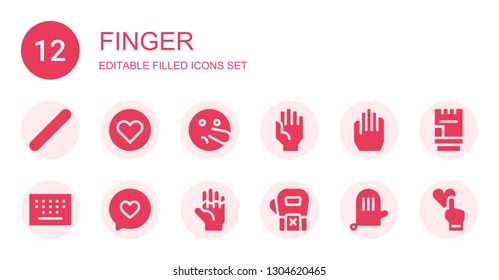 finger icon set. Collection of 12 filled finger icons included Nail file, Like, Liar, Hand, Gloves, Keypad, Glove
