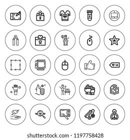 Finger icon set. collection of 25 outline finger icons with blood test, donation, graphic tablet, gloves, hand grip, hand, internet, fingerprint, like icons. editable icons.