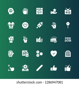 finger icon set. Collection of 25 filled finger icons included Thumbs up, Like, Nail file, Positive, Touch screen, Fingerprint, Buttons, Glove, Pes, Fist, Hand, Gloves, Stop, Finger