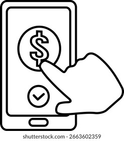 El icono del dedo que toca la pantalla indica que el usuario está interactuando con la función de pago y que resulta en una transacción exitosa.
