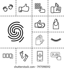 Finger icons. set of 13 editable outline finger icons such as baby hands, eyelash, nail, hand on atm, hand with heart, thumb up, foot, push button, gloves
