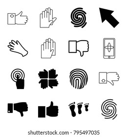 Finger icons. set of 16 editable filled and outline finger icons such as like, family footprint, hands, touchscreen, dislike, finger print, gloves, fingerprint, pointer