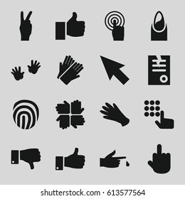 Finger icons set. set of 16 finger filled icons such as baby hands, nail, gloves, paper, middle finger, touchscreen, thumb up, dislike, peace, pointer, hand on atm