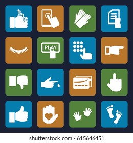 Finger icons set. set of 16 finger filled icons such as baby hands, eyelash, Finger pressing play button, gloves, pointing, pointing on document, card, foot, touchscreen