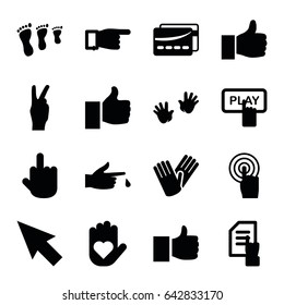 Finger icons set. set of 16 finger filled icons such as baby hands, gloves, pointing, pointing on document, touchscreen, card, thumb up, thumbs up, peace, pointer, like