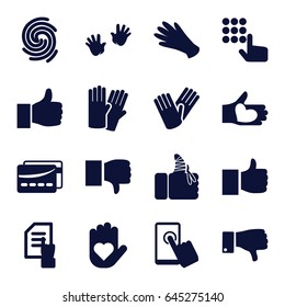 Finger icons set. set of 16 finger filled icons such as baby hands, glove, gloves, pointing on document, hand with heart, dislike, card, touchscreen, thumbs up, like