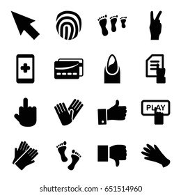 Finger icons set. set of 16 finger filled icons such as nail, gloves, finger pressing play button, pointing on document, thumb up, card, foot, peace, hand on smartphone