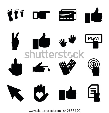 Finger icons set. set of 16 finger filled icons such as baby hands, gloves, pointing, pointing on document, touchscreen, card, thumb up, thumbs up, peace, pointer, like