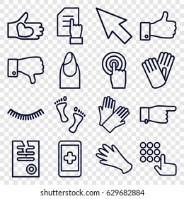 Finger icons set. set of 16 finger outline icons such as eyelash, nail, gloves, pointing, pointing on document, paper, hand with heart, touchscreen, thumb up, dislike, foot