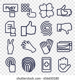 Finger icons set. set of 16 finger outline icons such as gloves, finger pressing play button, pointing on document, hand with heart, touchscreen, dislike, card, peace