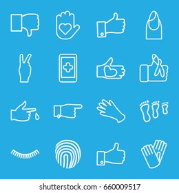 Finger icons set. set of 16 finger outline icons such as eyelash, nail, gloves, pointing, hand with heart, thumb up, injured finger, fingerprint, dislike, peace, heart on hand
