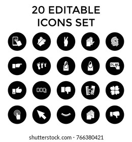 Finger icons. set of 20 editable filled finger icons such as eyelash, nail, gloves, pointer, dislike, family footprint, hands, touchscreen, peace, push button, pointing, paper