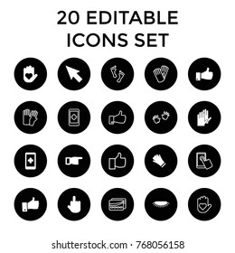 Finger icons. set of 20 editable filled and outline finger icons such as pointing, pointer, middle finger, hand on smartphone, heart on hand, thumb up, baby hands, glove