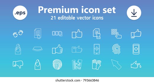 Finger icons. set of 21 editable outline finger icons includes baby hands, glove, nail, pointing on document, like, hand on smartphone, hand on atm, dislike, injured finger