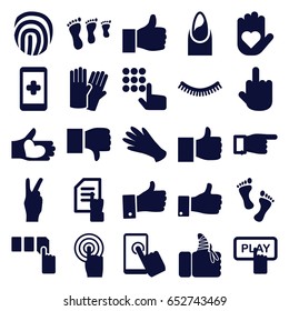Finger icons set. set of 25 finger filled icons such as glove, eyelash, nail, gloves, finger pressing play button, push button, pointing, pointing on document, hand with heart