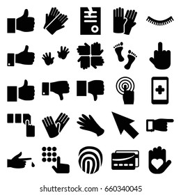 Finger icons set. set of 25 finger filled icons such as baby hands, glove, eyelash, gloves, push button, pointing, paper, middle finger, touchscreen, thumb up, dislike, card