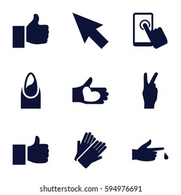 finger icons set. Set of 9 finger filled icons such as nail, gloves, hand with heart, injured finger, thumb up, touchscreen, peace, pointer