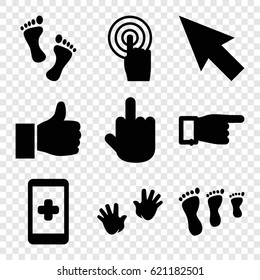 Finger icons set. set of 9 finger filled icons such as baby hands, pointing, middle finger, touchscreen, foot, thumbs up, hand on smartphone, pointer